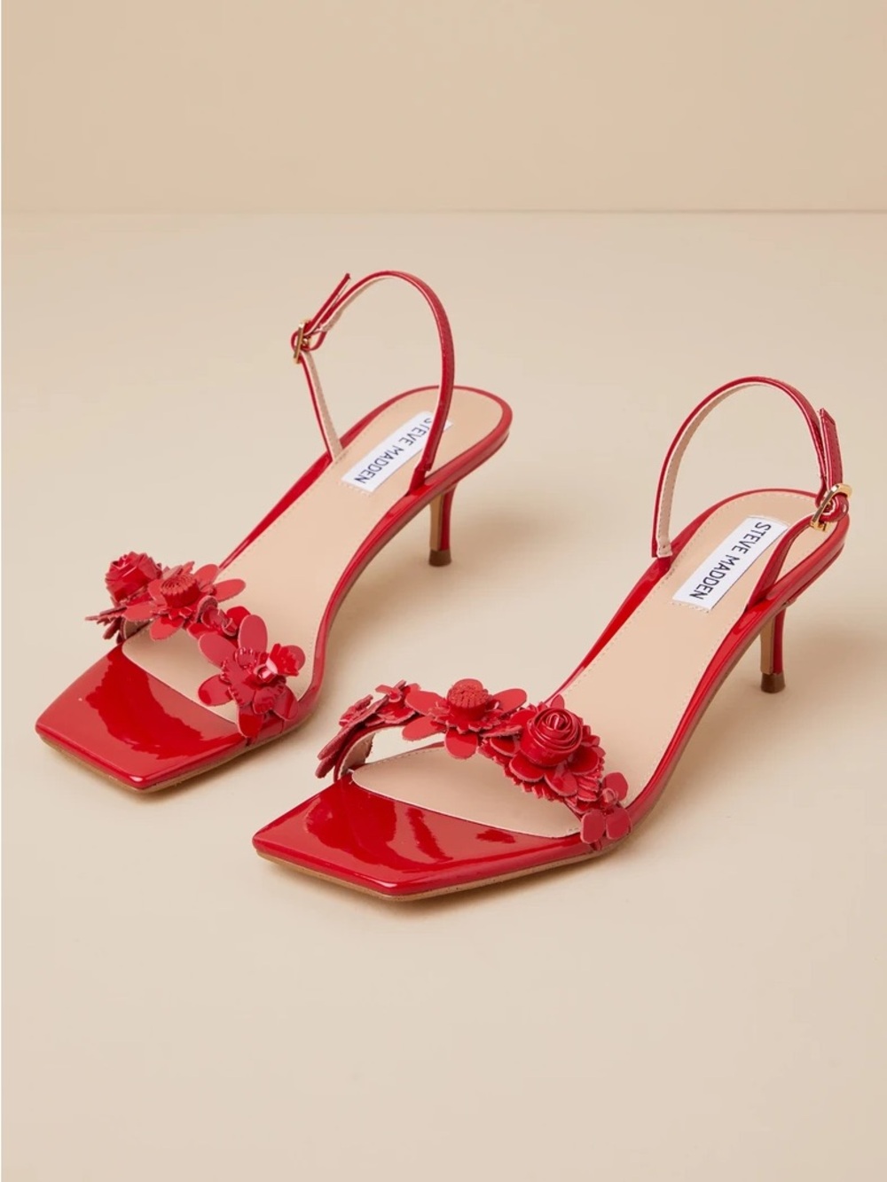 NWOT Steve Madden Rosalea Red Patent Flower Slingback Kitten Heel Sandals 9.5 - Picture 3 of 7